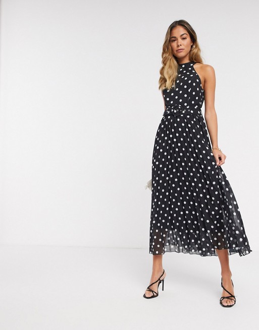 Style Cheat halterneck pleated midaxi dress with belt in contrast polka