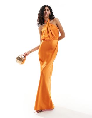 Style Cheat Halterneck Satin Maxi Dress In Orange