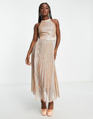 high neck pleated metallic midaxi dress in rust-Brown