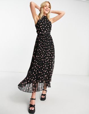 Style Cheat high neck pleated midaxi dress in black spot