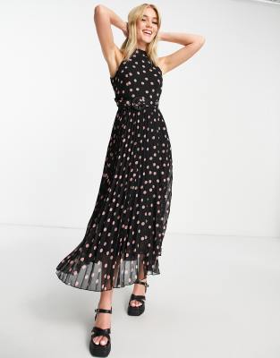Style Cheat high neck pleated midaxi dress in black spot - ASOS Price Checker
