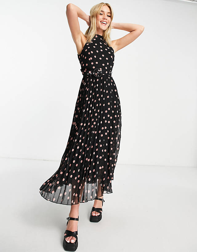 Style Cheat - high neck pleated midaxi dress in black spot