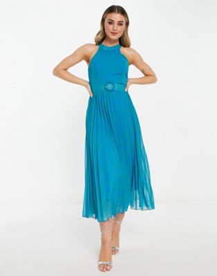 Style Cheat high neck pleated midaxi dress in blue leopard print