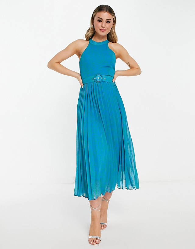 Style Cheat - high neck pleated midaxi dress in blue leopard print
