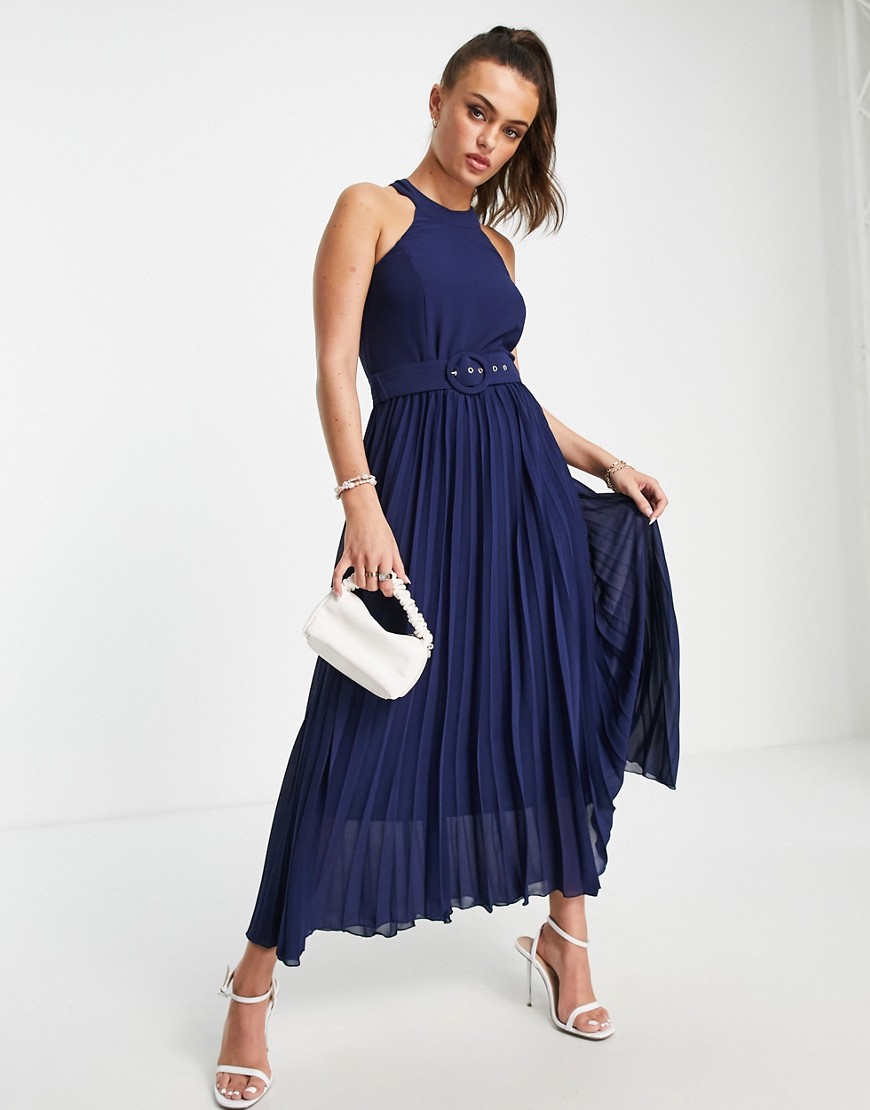 Style Cheat high neck pleated midaxi dress in navy