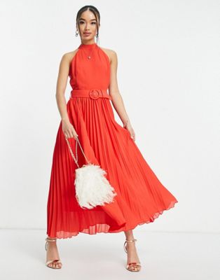 Style Cheat High Neck Pleated Midaxi Dress In Red | ModeSens