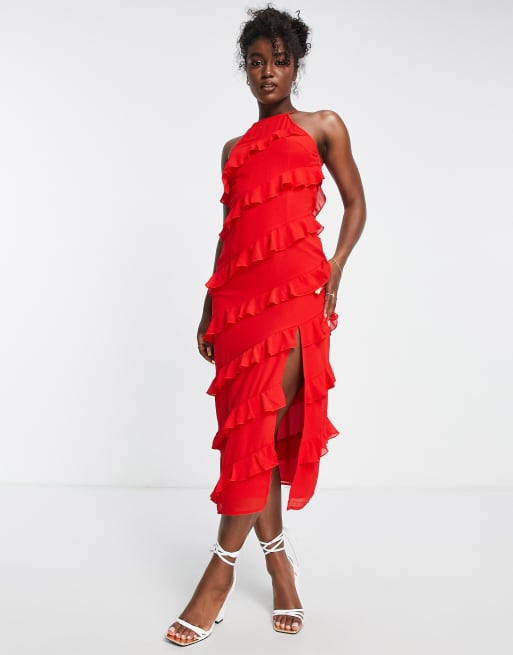 Red ruffle hot sale midi dress