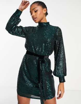 Style Cheat High Neck Sequin Mini Dress In Emerald Green