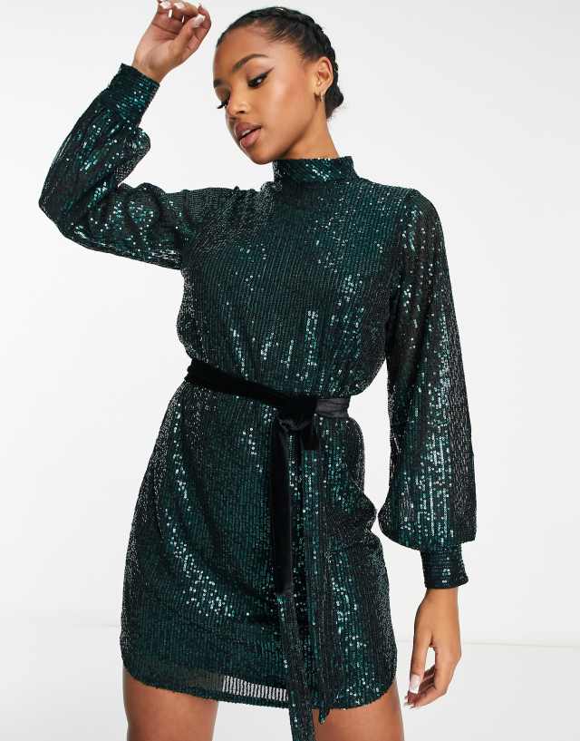 Style Cheat high neck sequin mini dress in emerald green