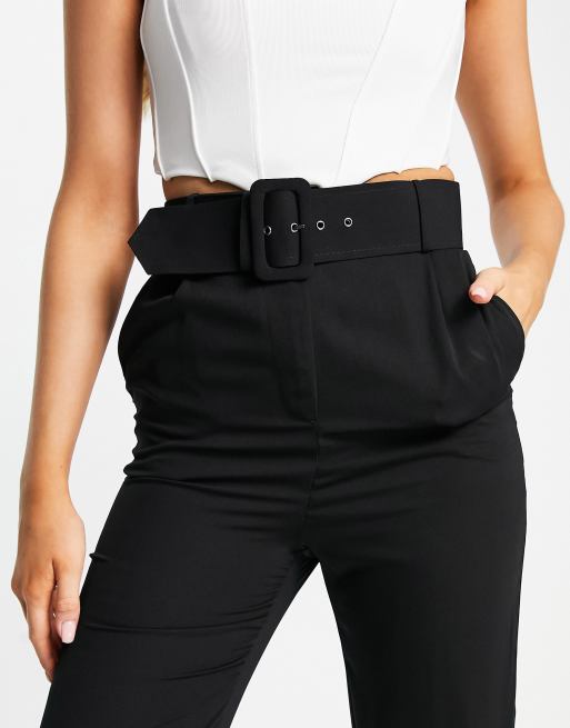 Style Cheat high waisted tailored trouser with buckle in black