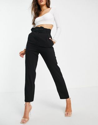 Style Cheat high waisted tailored trouser with buckle in black