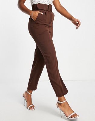 Style Cheat high waisted tailored trouser with buckle in chocolate