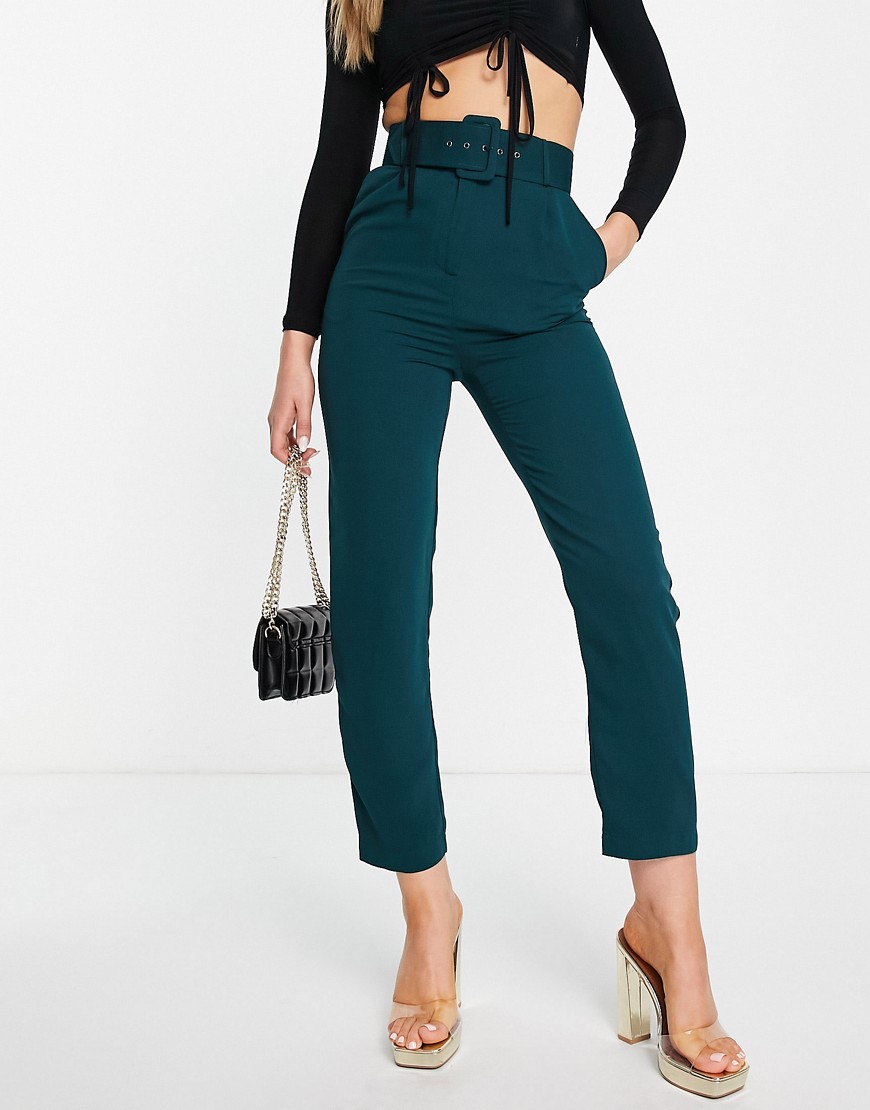 Style Cheat high waisted tailored trouser with buckle in emerald-Green