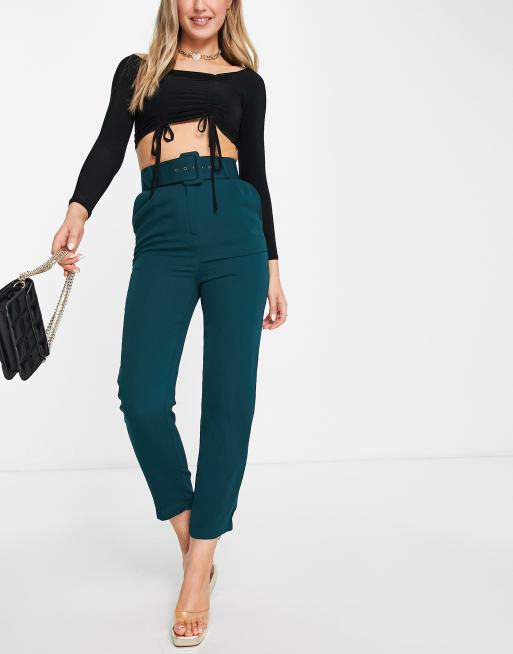 Style Cheat high waisted tailored pants with buckle in black