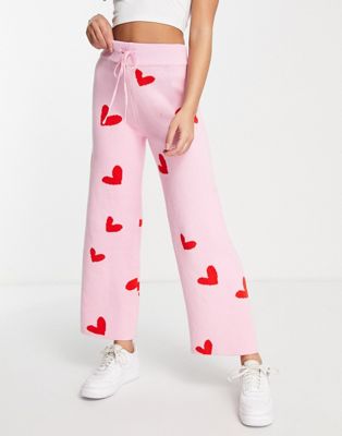 Style Cheat knit wide leg joggers in pink heart print