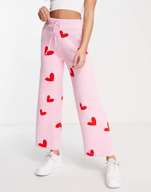 Style Cheat knit wide leg joggers in pink heart print ASOS