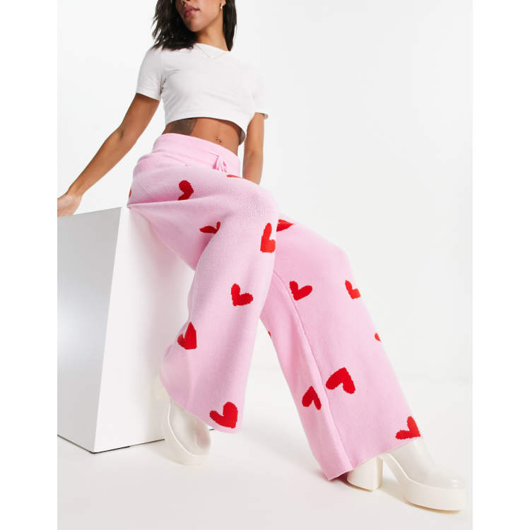 Style Cheat knit wide leg pants in pink heart print - part of a