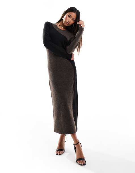 Style Cheat knitted color block midi dress in brown - view 1