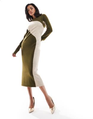 knitted color block midi dress in khaki and cream-Green