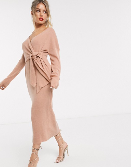 Style Cheat knot front knitted oversized dress in pink