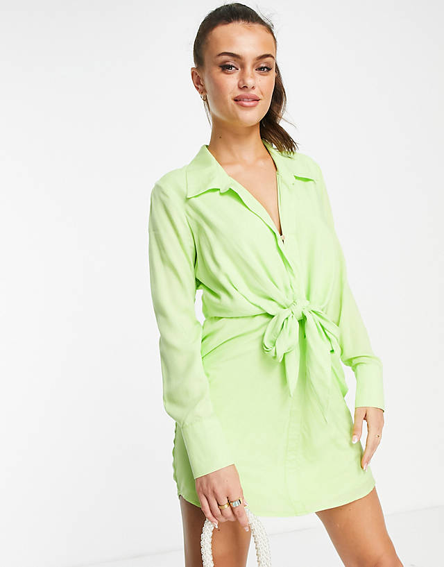 Style Cheat - knot front shirt mini dress in lime green