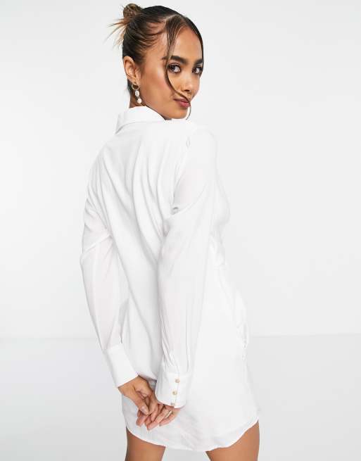 Style Cheat knot front shirt mini dress in white, 2 of 4