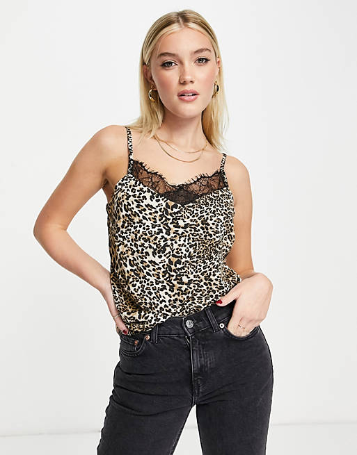  Style Cheat lace trim cami top in leopard print 