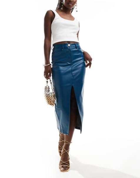 Style Cheat leather look midi skirt with split front in blue - view 1