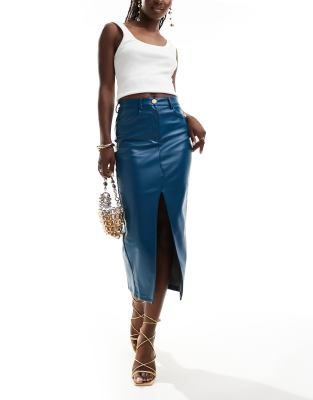 style cheat leather look midi skirt with split front in blue