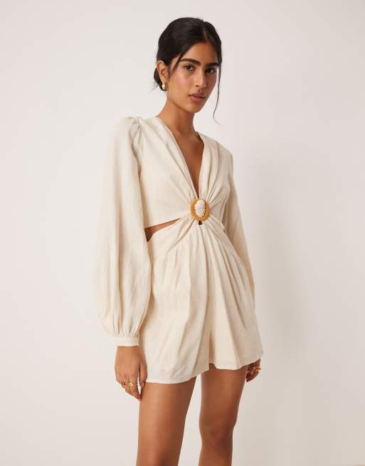 Style Cheat – Leinen-Minikleid in Cremeweiß mit Zierausschnitt