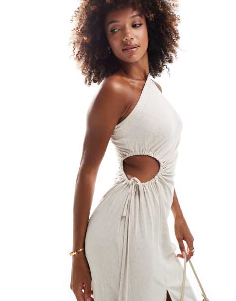 Style Cheat - Linnen maxi-jurk met blote schouder en uitsnijding i beige - view 1