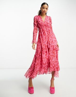 Style Cheat long sleeve ruffle midaxi dress in red and pink abstract print