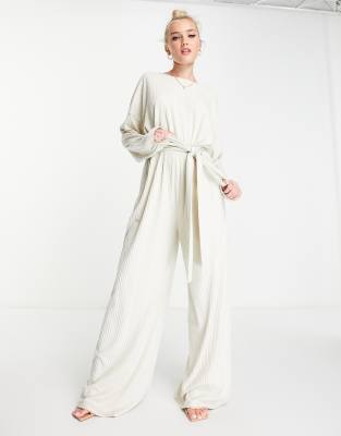 Style Cheat Long Sleeve Tie Waist Wide Leg Jumpsuit In Creamblack