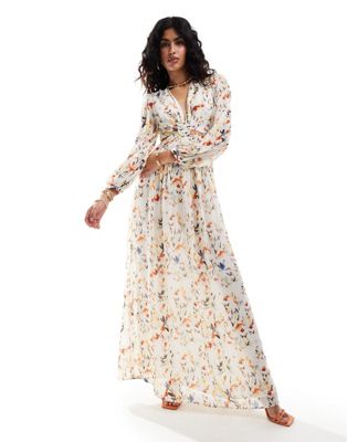 maxi dress with cut out detail in floral print-Multi