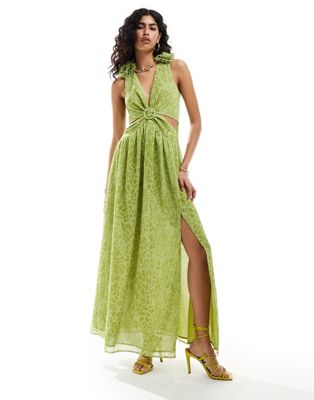 maxi dress with shoulder corsage in lime print-Green