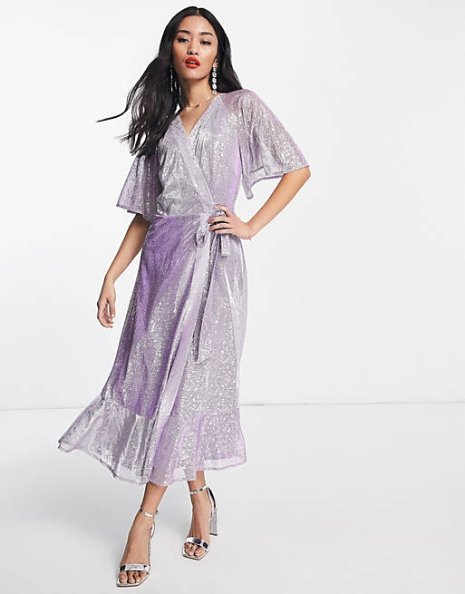 Style Cheat metallic flutter sleeve skater midi dress in lilac
