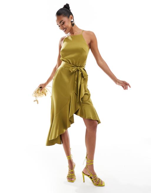 Style Cheat - Midi jurk met halternek, bandjes en gestrikte taille in olijfgroen