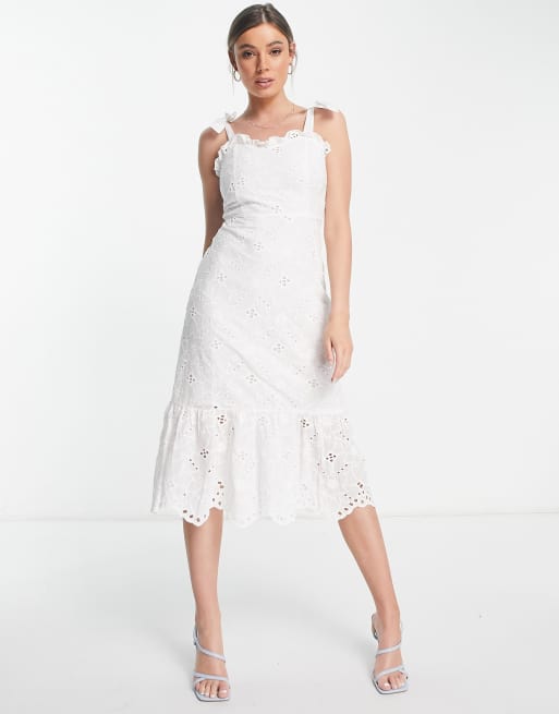 Style Cheat - Midi-jurk van broderie met gestrikte schouderbanden in wit