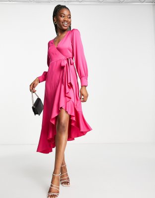 Style Cheat - Midi-Wickelkleid in Rosa mit Rüschen