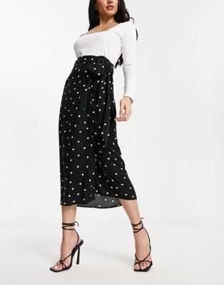 Style Cheat midi wrap skirt co-ord in black ditsy heart