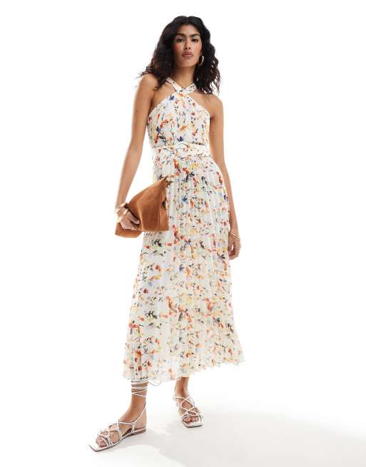 Style Cheat - Midikjole med halterneck, plisseret kant og blomstermønster
