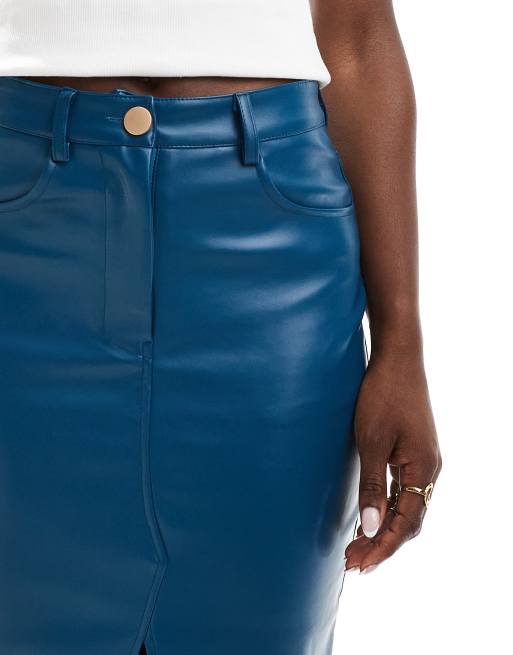 Style Cheat - Midinederdel i læderlook i blå med slids foran, 5 af 5