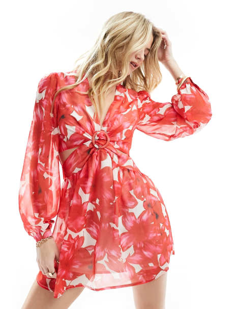 Style Cheat mini dress with cut out detail in red floral - view 1
