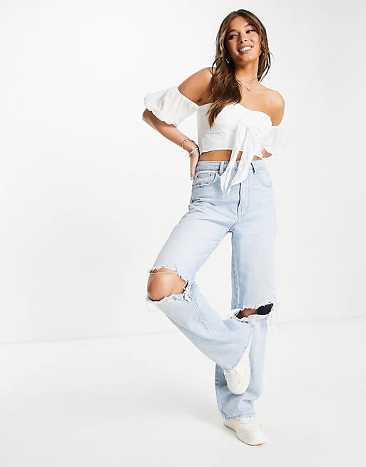 Tops Style Cheat off shoulder tie front crop top co-ord in white textured check 
