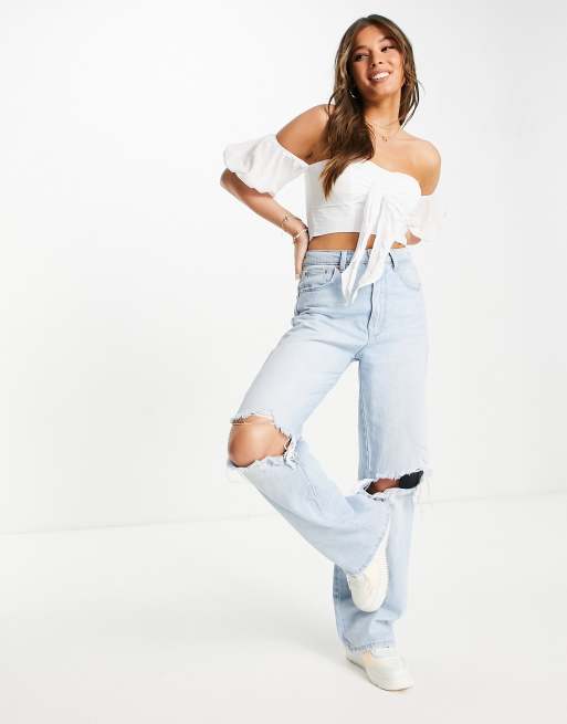 White off shoulder 2025 tie front crop top