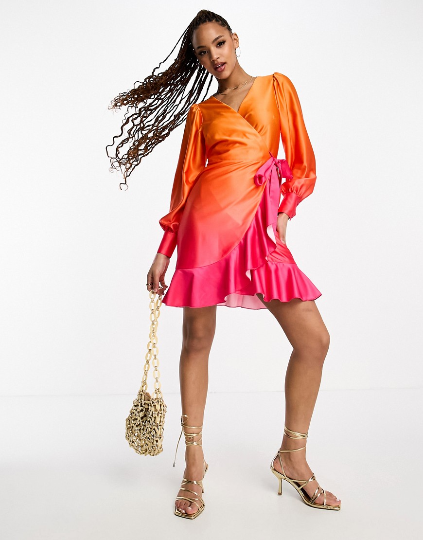 ombre satin wrap mini dress in orange and pink-Multi