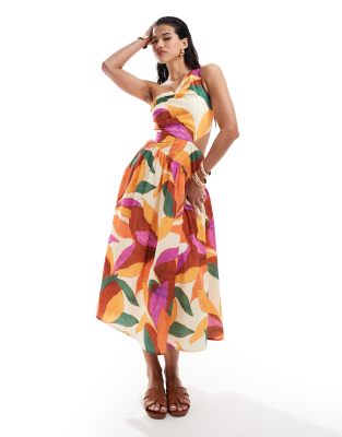 one shoulder cotton maxi dress with out out in abstract print-Multi