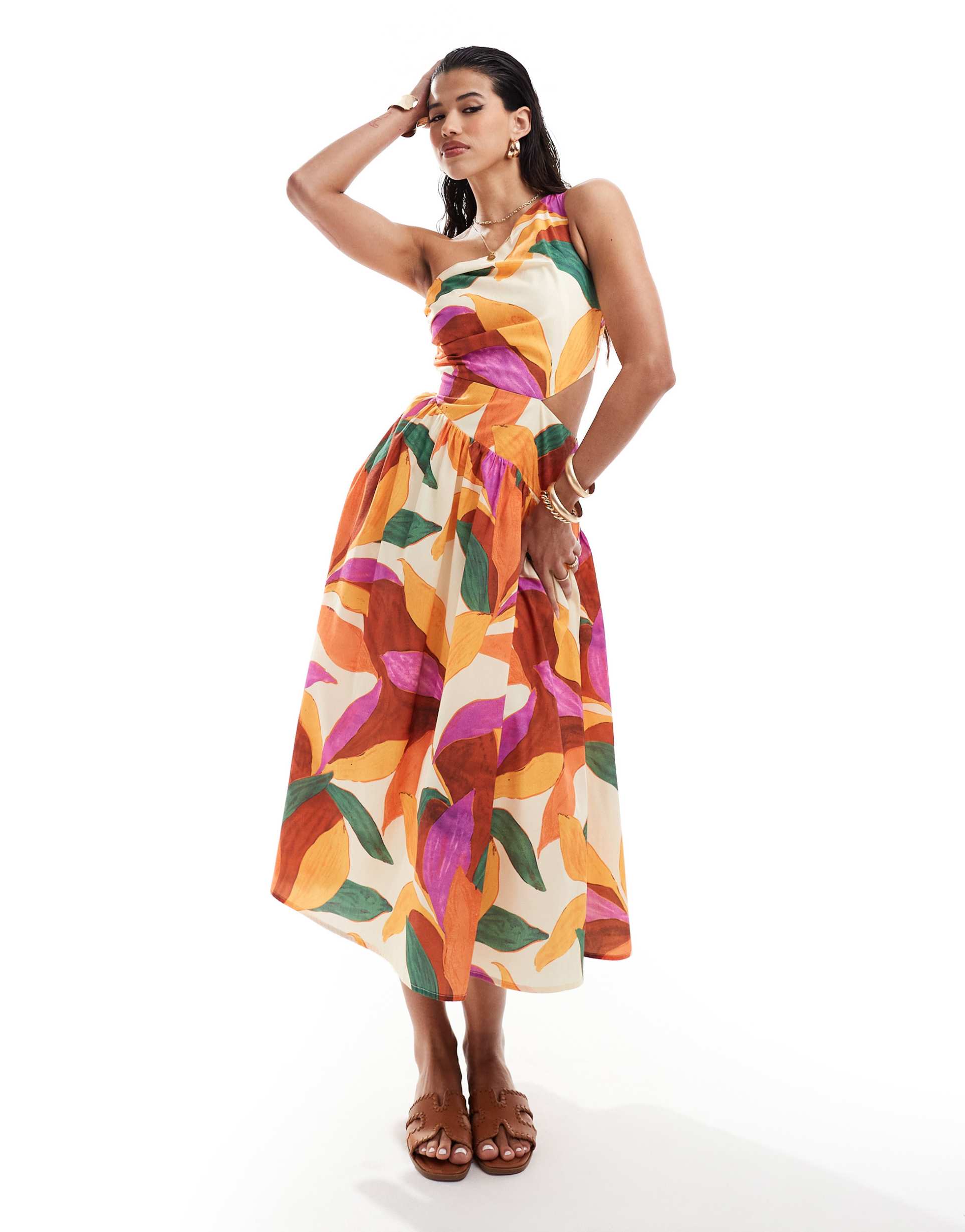 style cheat one shoulder cotton maxi dress with out out in abstract print