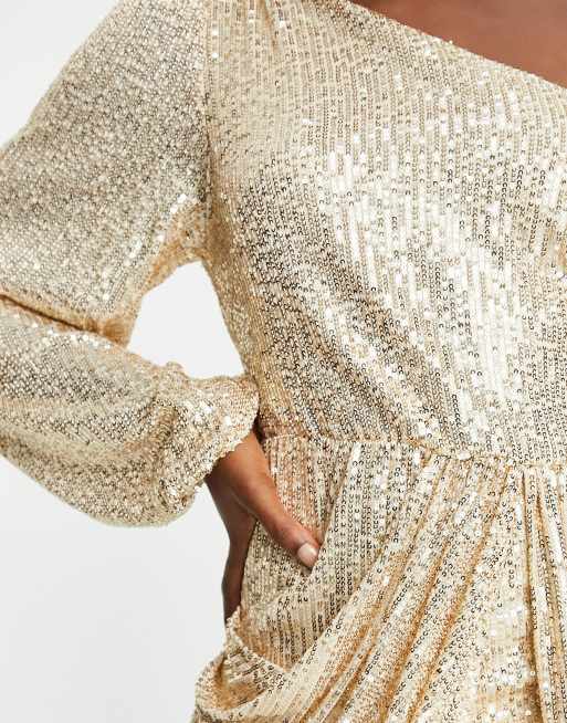 Style Cheat one shoulder drape sequin mini dress in gold