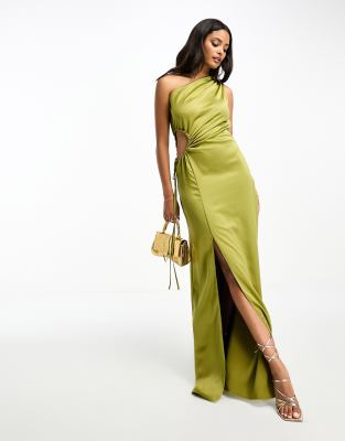 Style Cheat One Shoulder Satin Cut-out Midaxi Dress In Olive-green